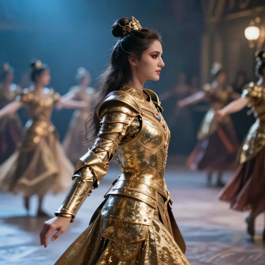 a warrior queen in ornate gilded armor in a dramatic three-quarter profile, on a midnight dance floor, editorial glamour