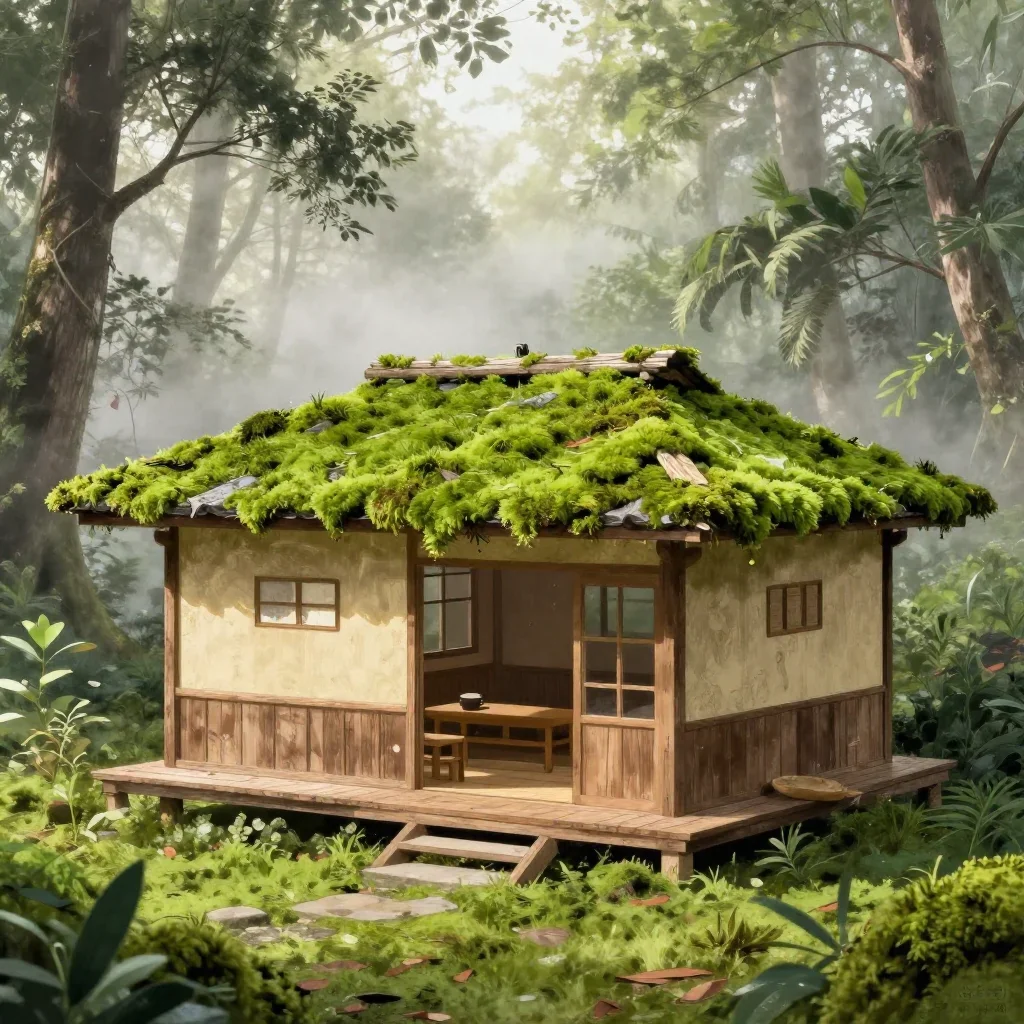 a forest tea house under soft dawn fog, Japanese woodblock-inspired editorial art, weathered tactile surfaces, moss gree