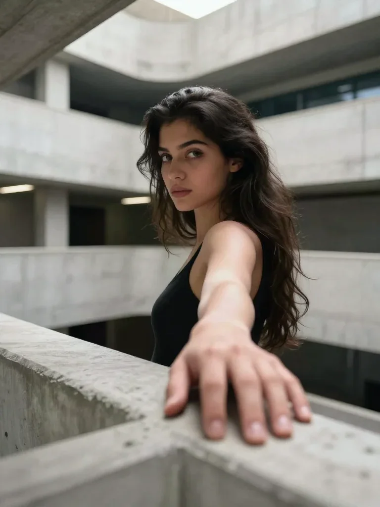 a striking woman with a smoldering over-the-shoulder gaze in a gentle reach toward the lens, in a brutalist concrete atr