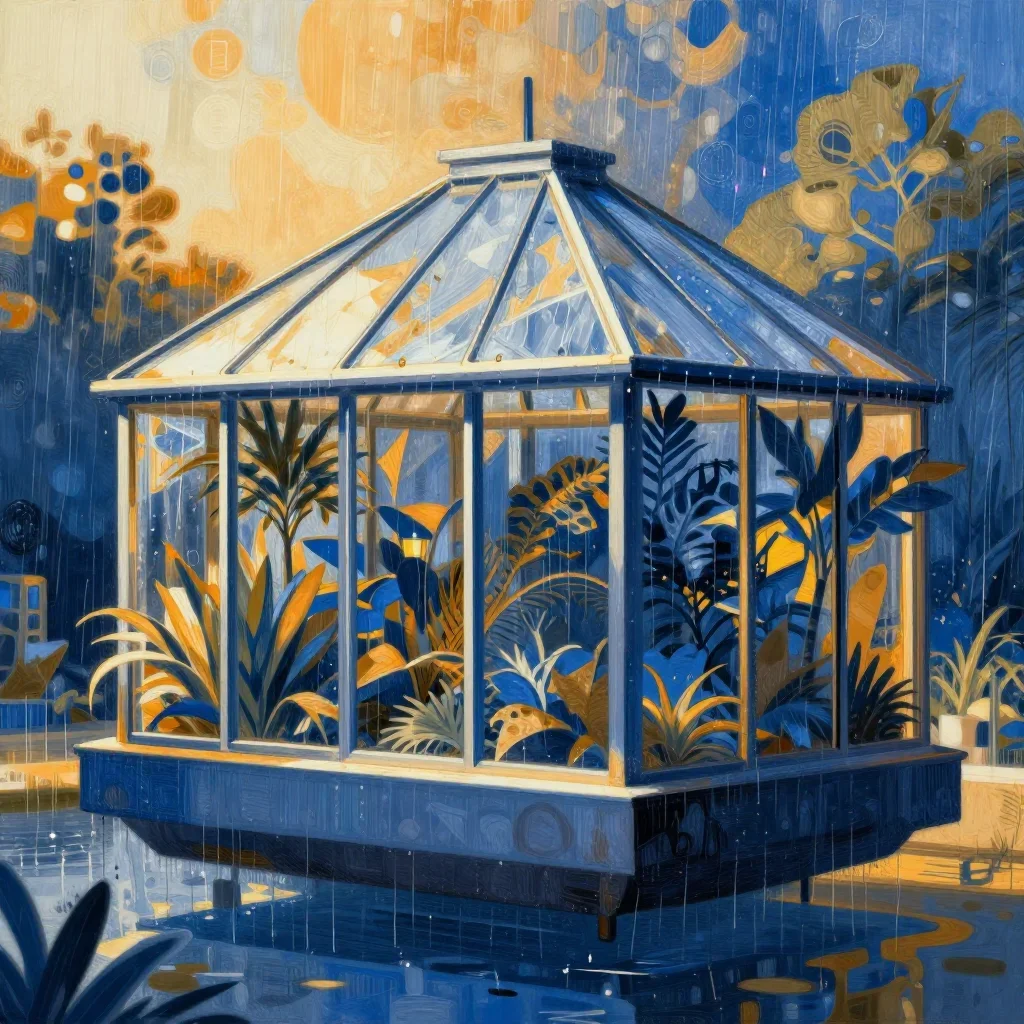 a floating botanical conservatory after warm summer rain, contemporary botanical illustration, clean natural textures, c