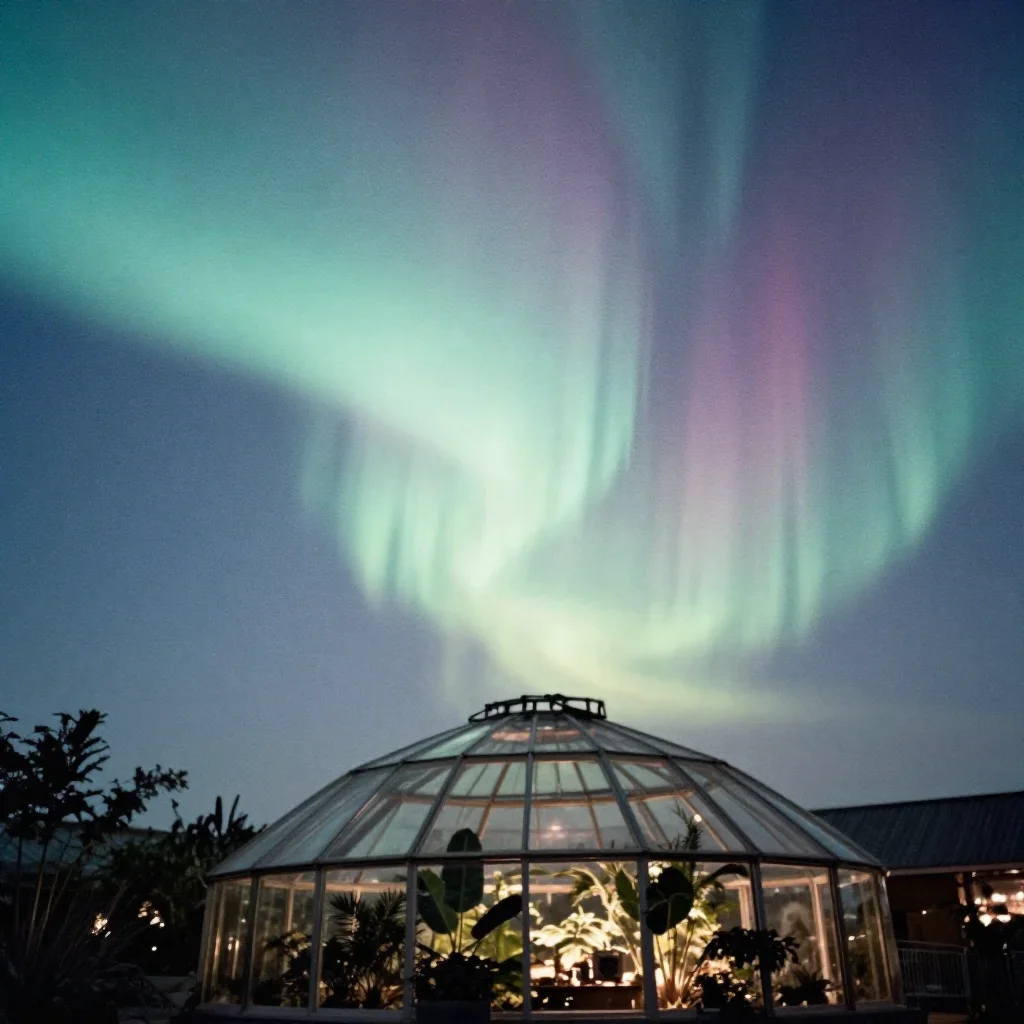 a floating botanical conservatory beneath an aurora, soft-grain analog film photography, soft volumetric light, cobalt a
