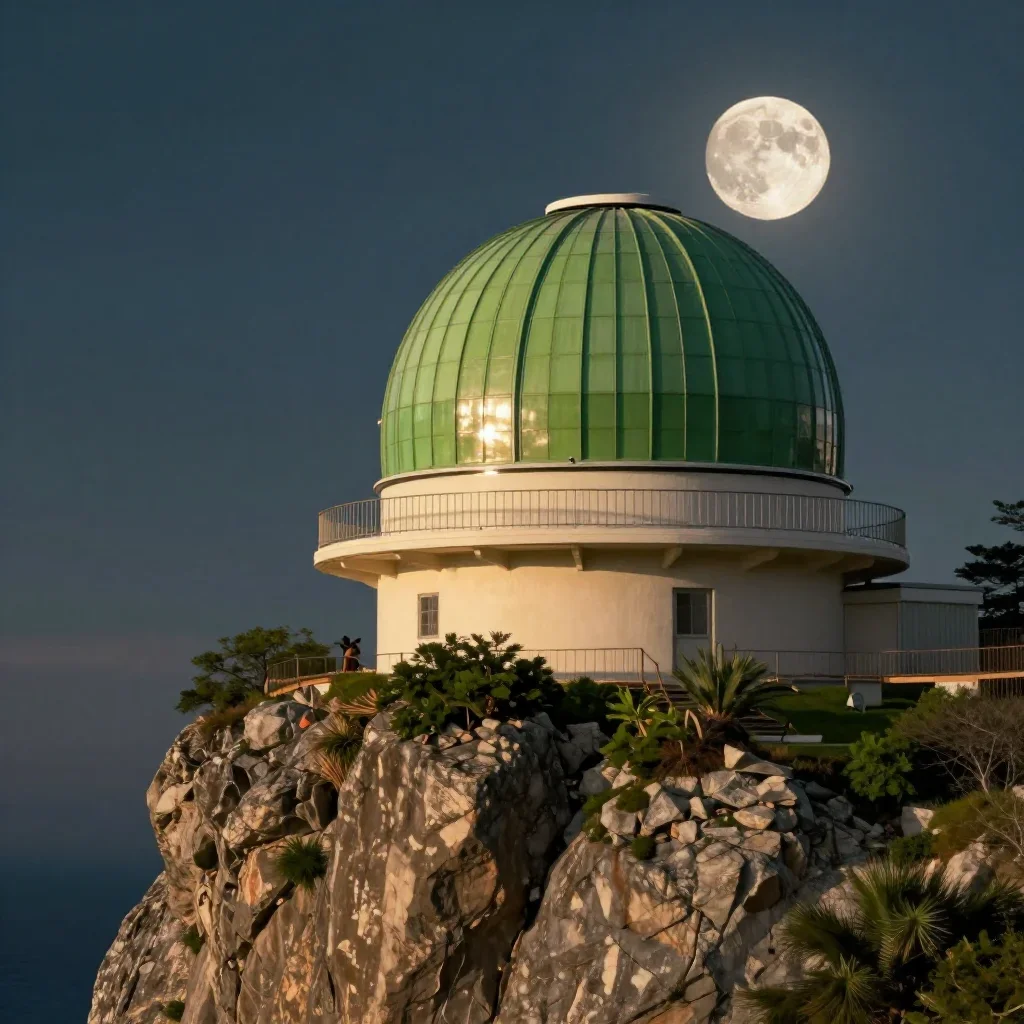 a cliffside observatory at moonrise, cinematic architectural photography, gentle reflected light, moss green and cream p