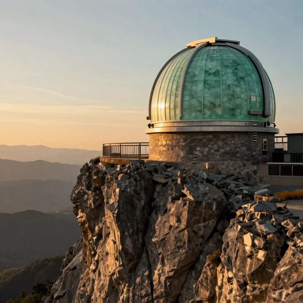 a cliffside observatory during golden hour, refined editorial travel photography, crisp material detail, jade and charco