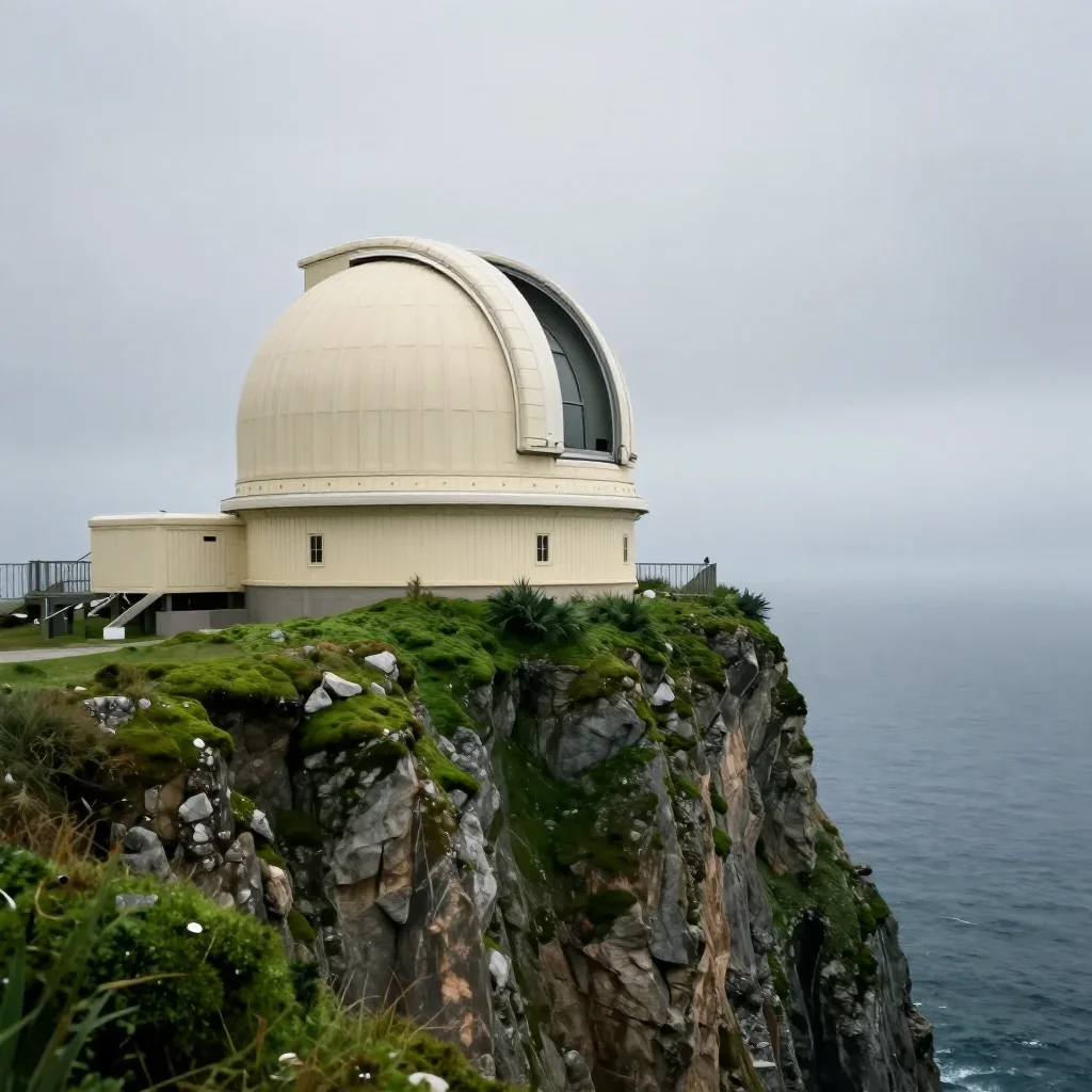 a cliffside observatory under overcast coastal light, quiet science-fiction concept art, atmospheric depth, moss green a