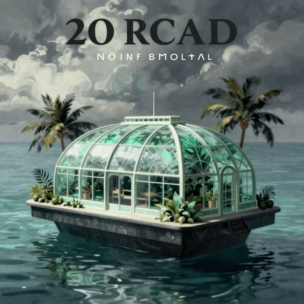 a floating botanical conservatory in a gentle sea breeze, modernist poster illustration, calm negative space, jade and c