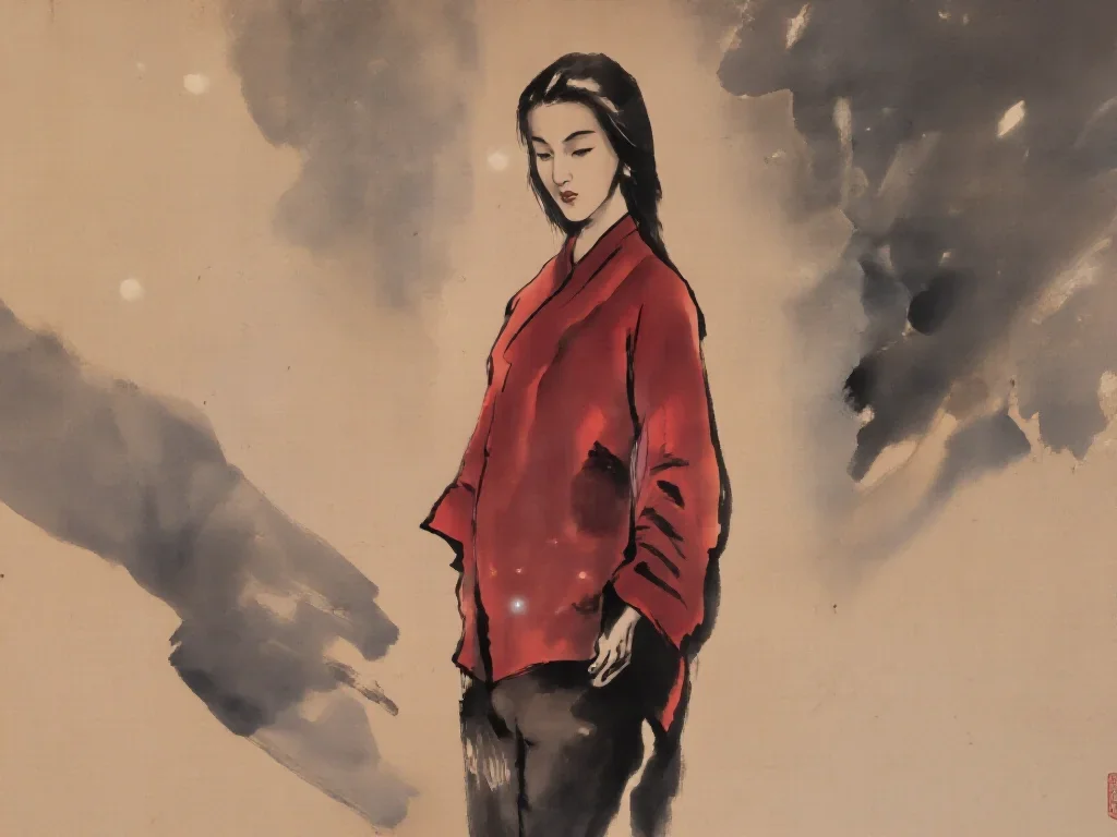 a spectral fox-spirit woman in an ink wash standing tall with hands in pockets, in a smoke-lit photo studio, neo-noir ci