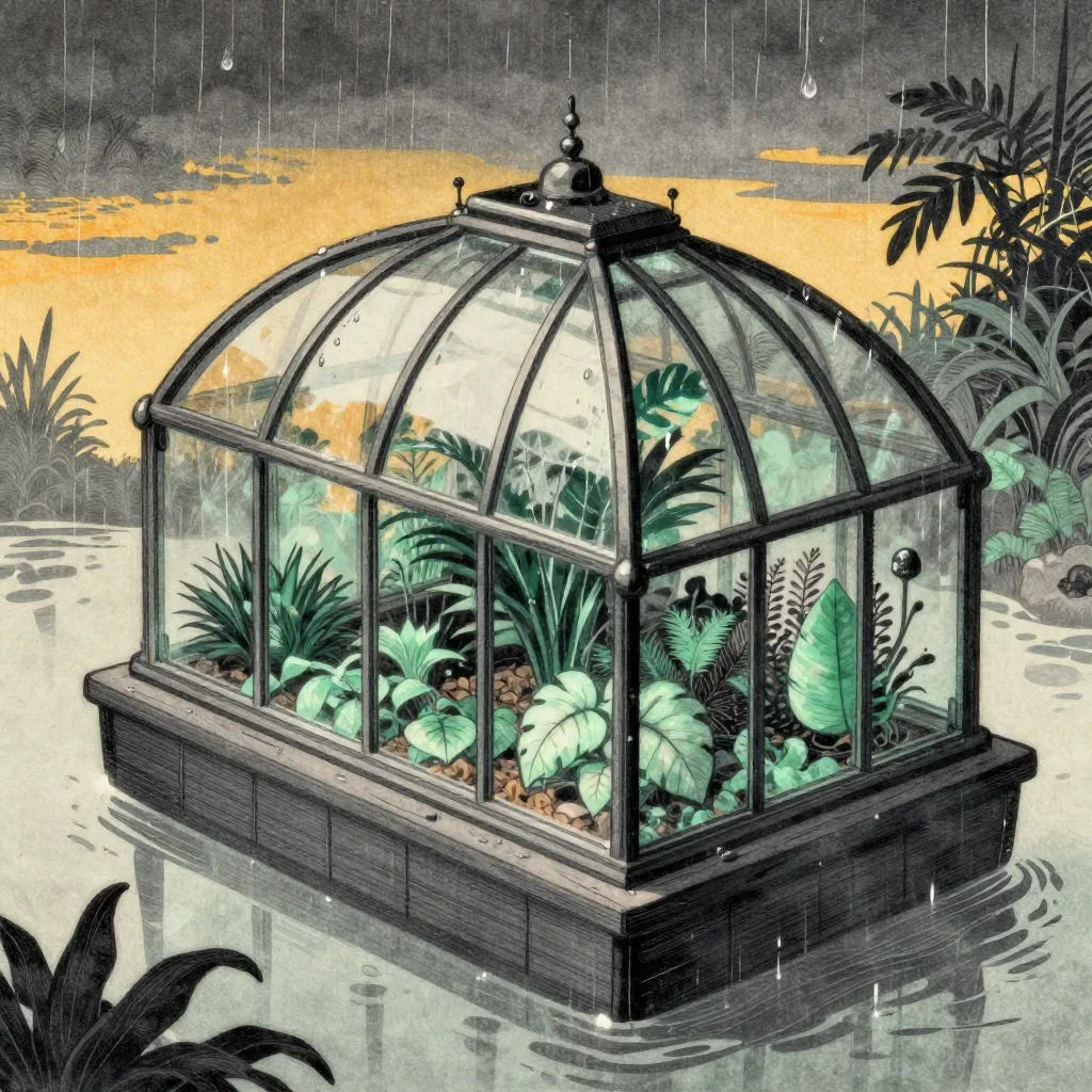 a floating botanical conservatory after warm summer rain, Japanese woodblock-inspired editorial art, subtle film grain,