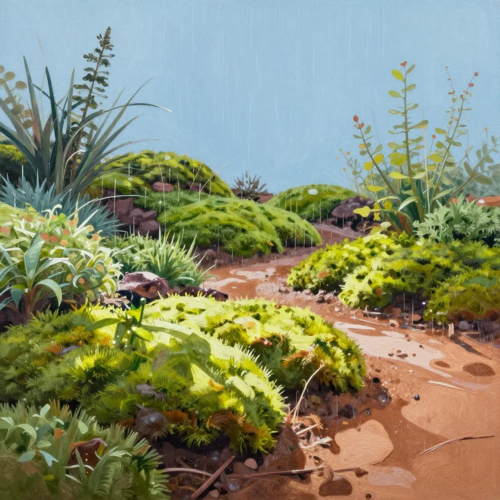 a moss garden after rain in crisp winter sunlight, luminous gouache painting, clean natural textures, terracotta and pal