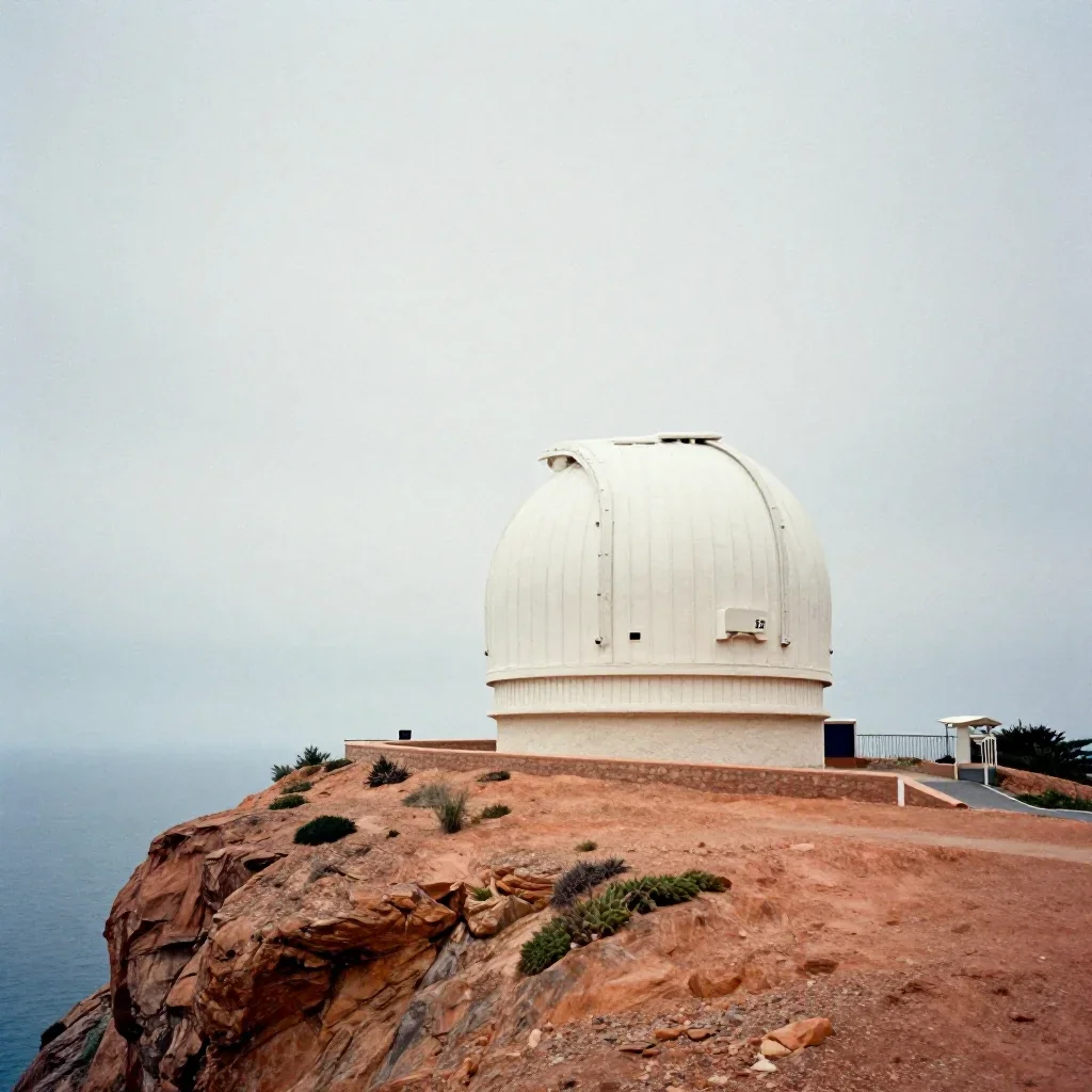 a cliffside observatory under overcast coastal light, soft-grain analog film photography, soft volumetric light, terraco