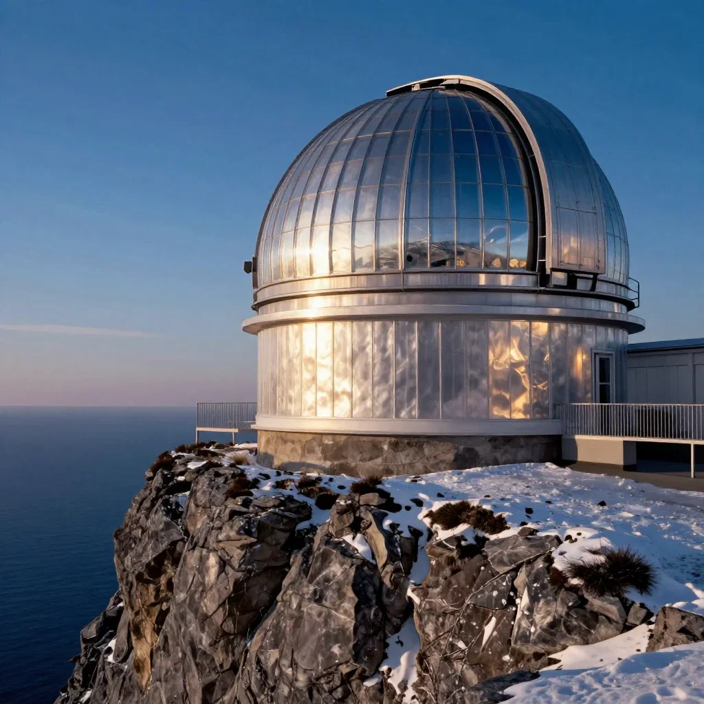a cliffside observatory in crisp winter sunlight, cinematic architectural photography, gentle reflected light, indigo an