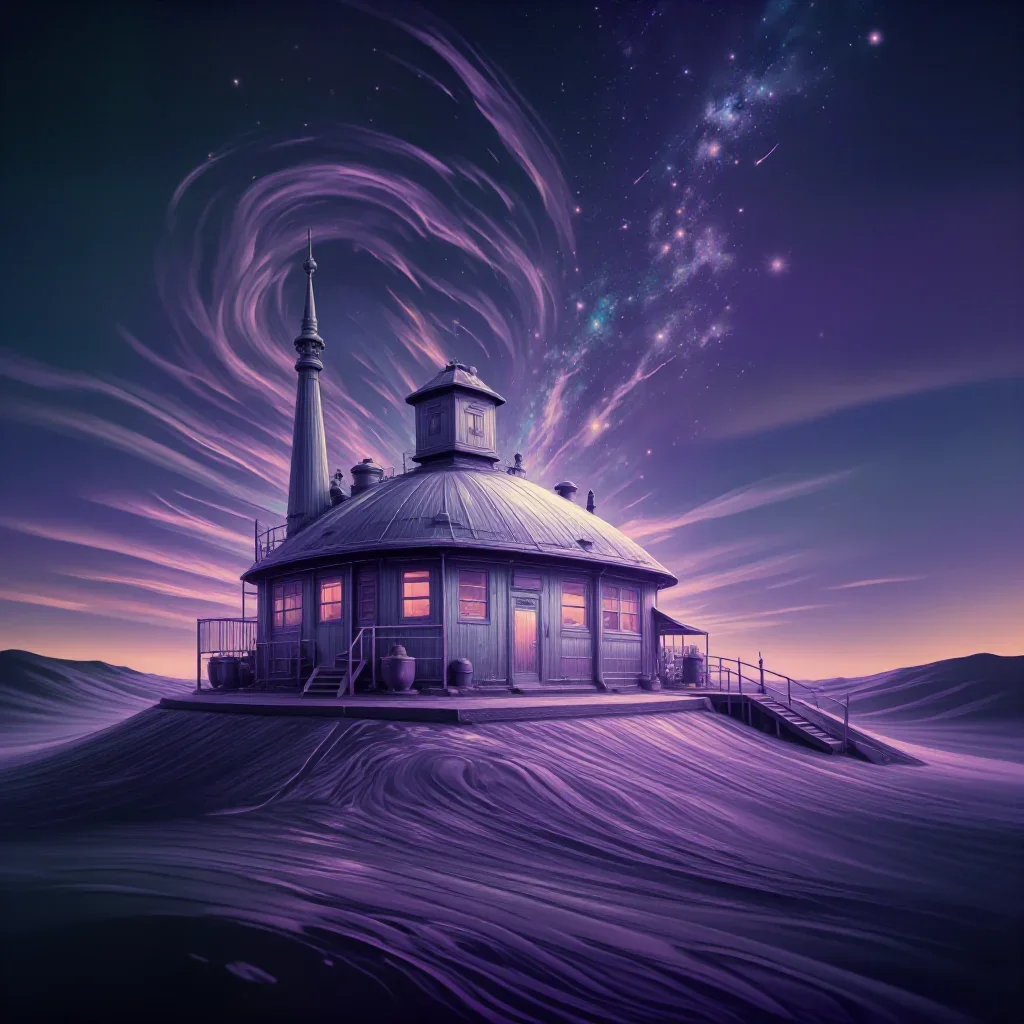a desert research station at blue hour, Japanese woodblock-inspired editorial art, restrained color harmony, lavender an