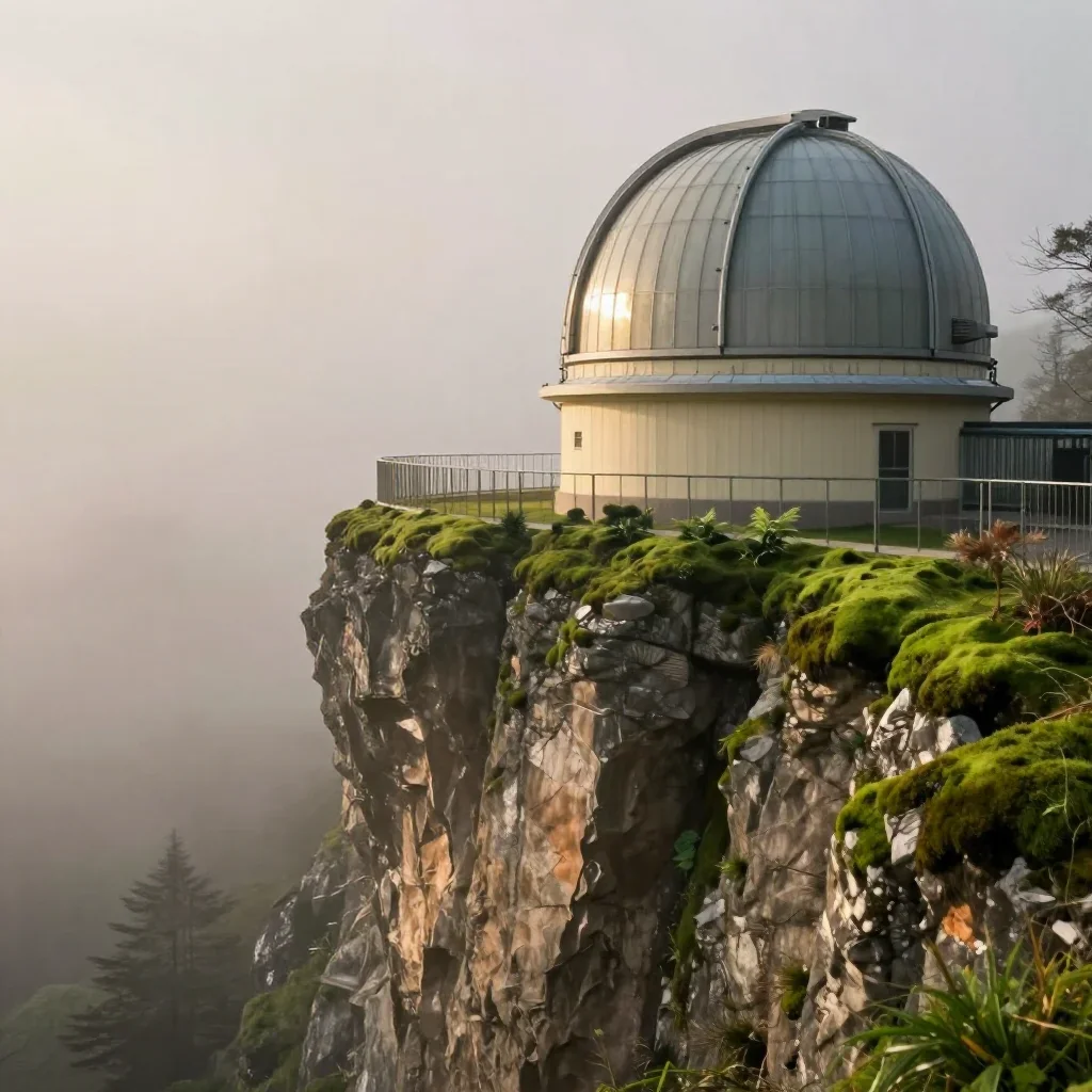 a cliffside observatory in early spring mist, museum-quality still-life photography, gentle reflected light, moss green 