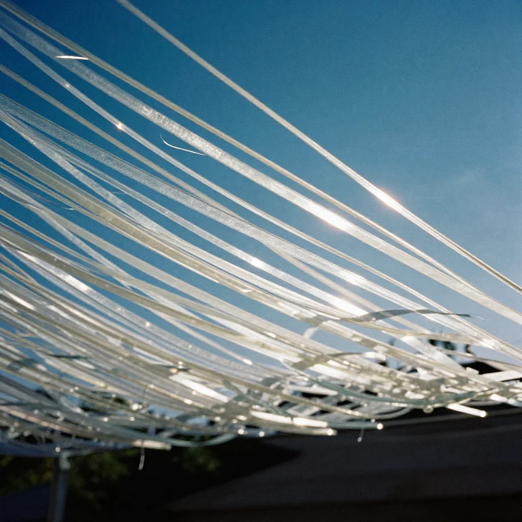 a suspended field of glass ribbons at first light, soft-grain analog film photography, clean natural textures, indigo an