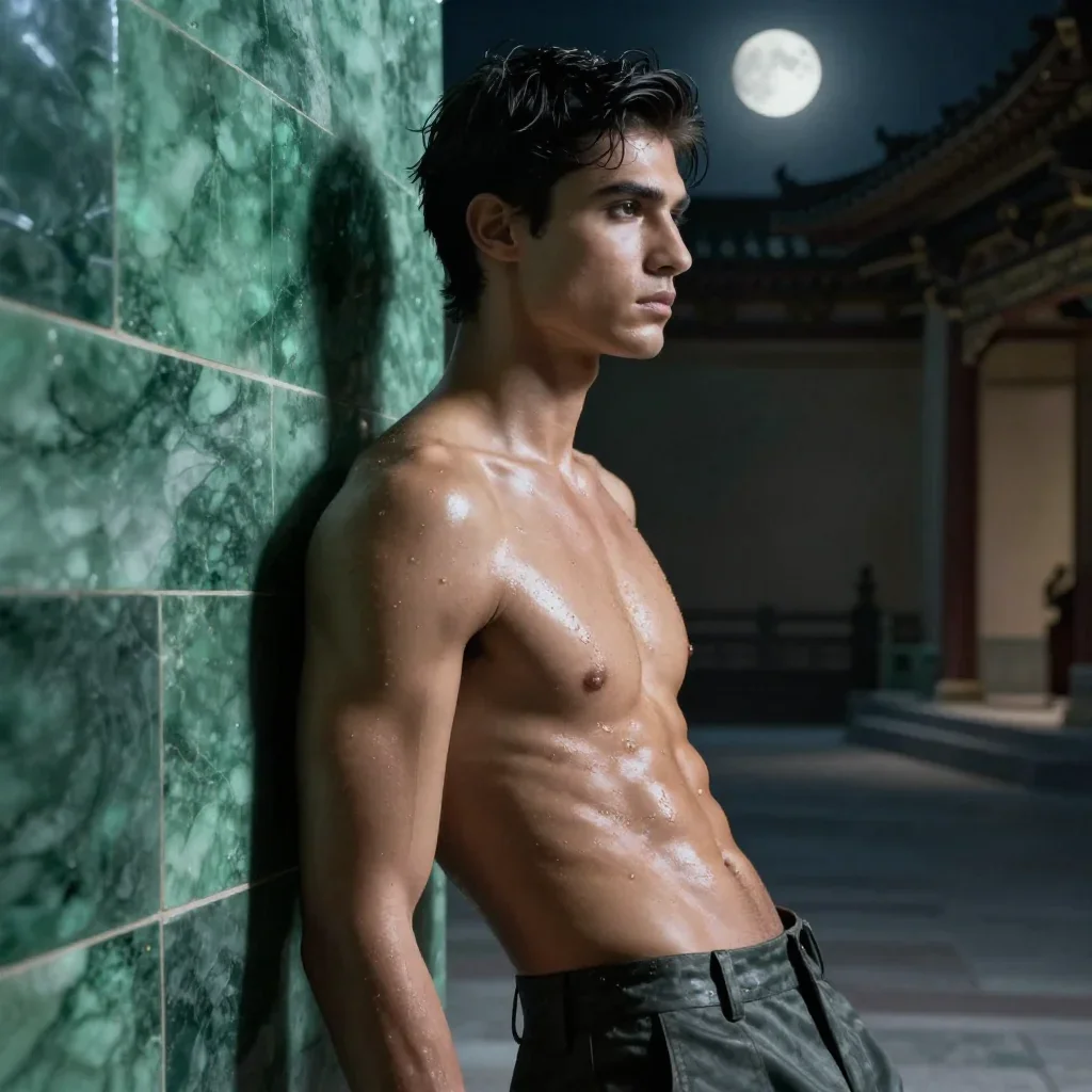 a chiseled athlete in dramatic rim light, oiled skin in a wind-swept lean against a wall, in a moonlit palace courtyard,
