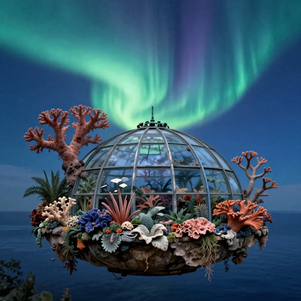a floating botanical conservatory beneath an aurora, dreamlike fine-art landscape photography, weathered tactile surface