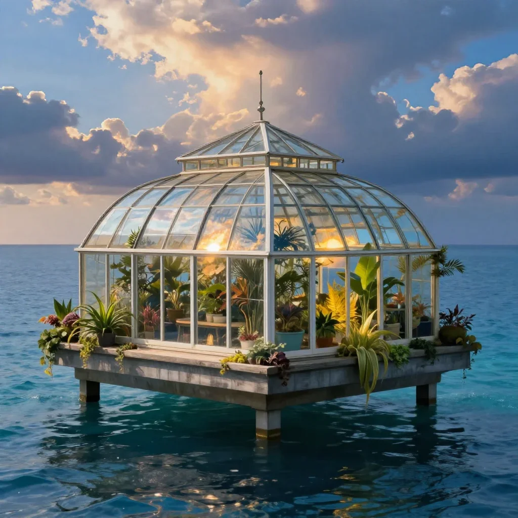 a floating botanical conservatory in a gentle sea breeze, dreamlike fine-art landscape photography, soft volumetric ligh