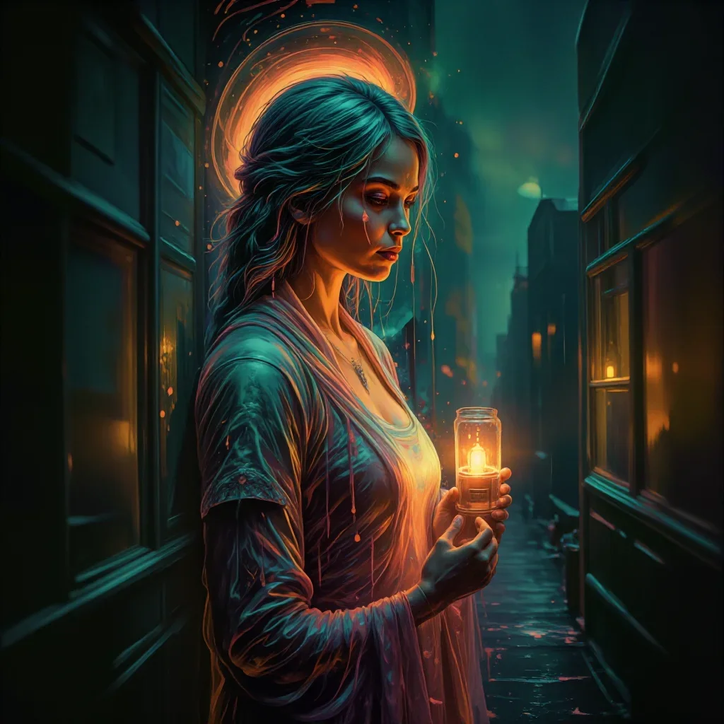 a celestial priestess with haloed candlelight in a wind-swept lean against a wall, in a rain-slick neon alley, moody Fuj