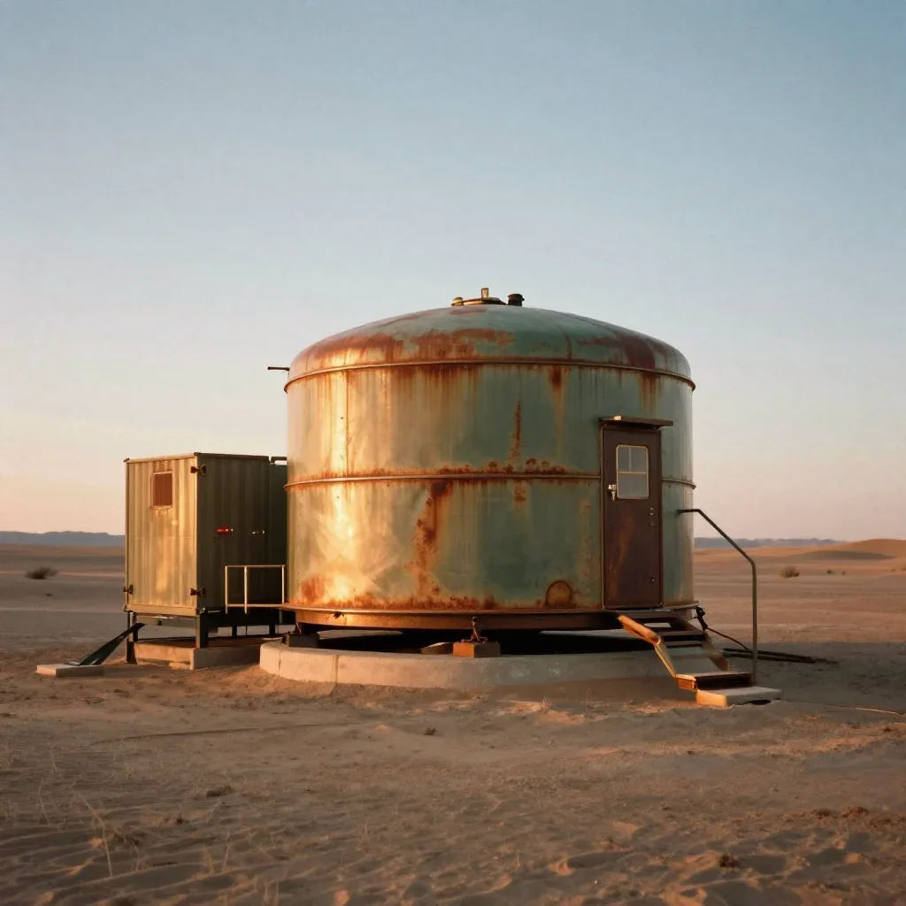 a desert research station during golden hour, soft-grain analog film photography, gentle reflected light, rust and sage 