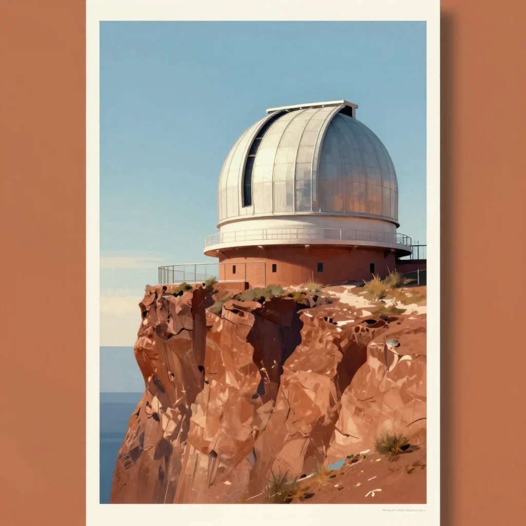 a cliffside observatory in crisp winter sunlight, modernist poster illustration, restrained color harmony, terracotta an