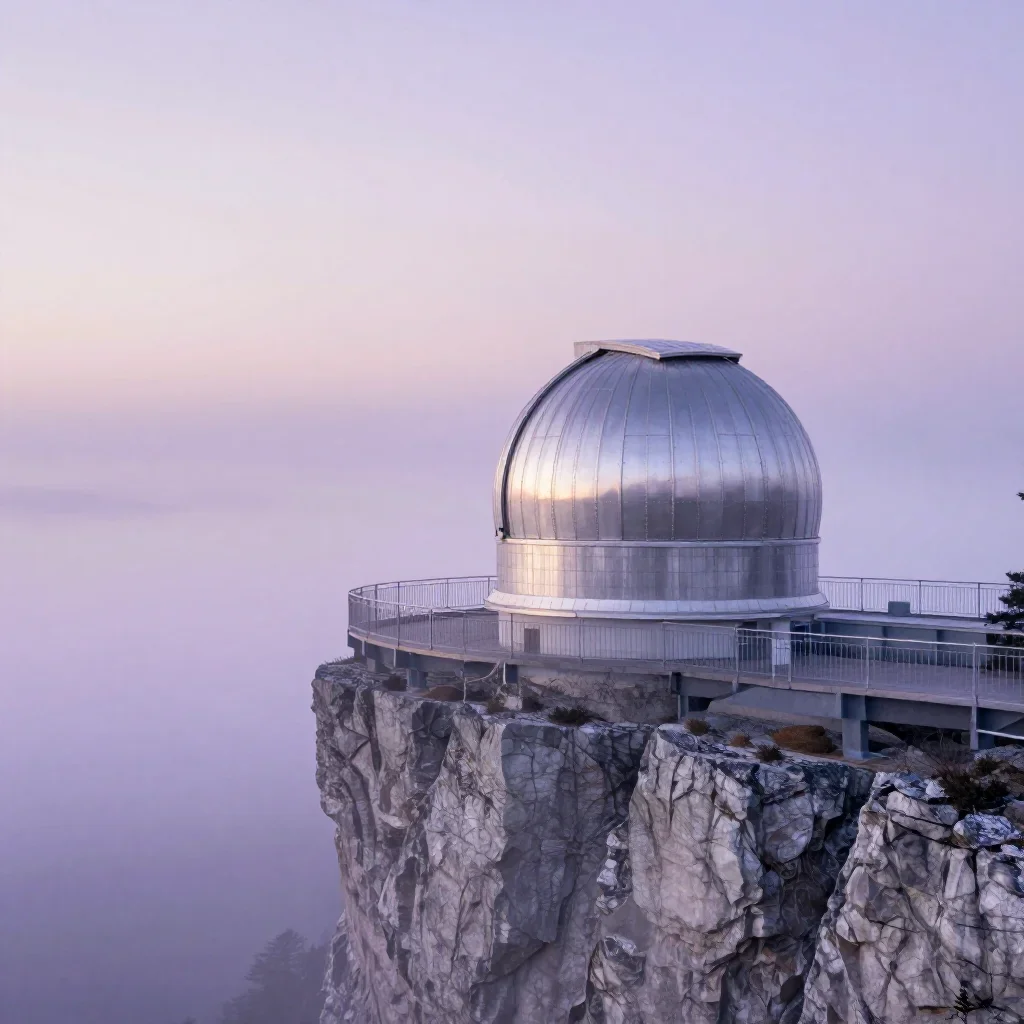 a cliffside observatory under soft dawn fog, Japanese woodblock-inspired editorial art, gentle reflected light, lavender