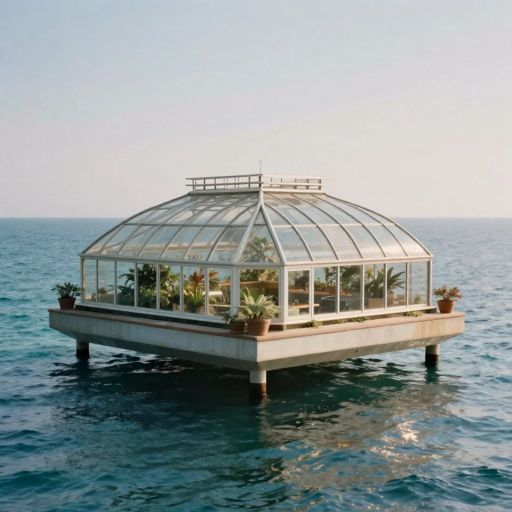 a floating botanical conservatory in a gentle sea breeze, dreamlike fine-art landscape photography, subtle film grain, c