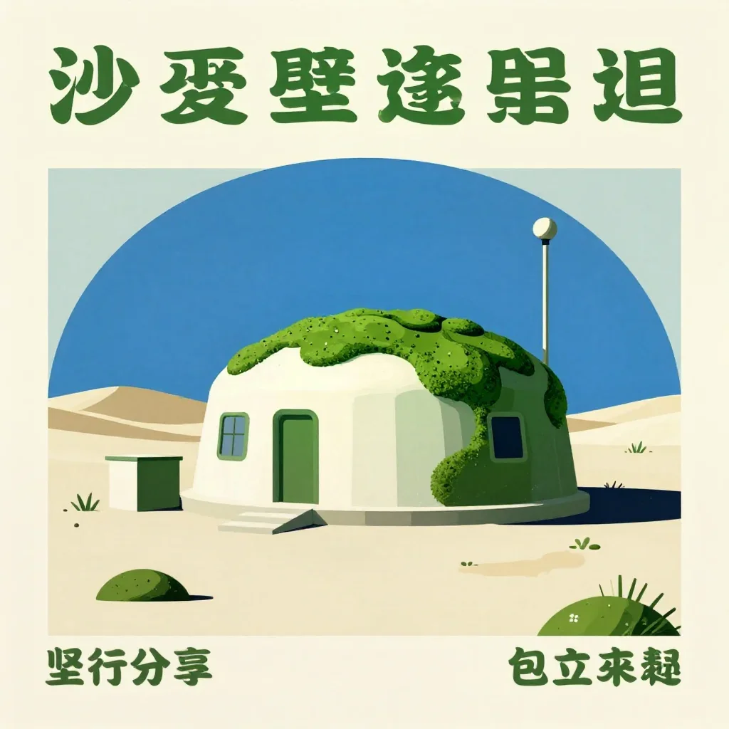 a desert research station at blue hour, modernist poster illustration, clean natural textures, moss green and cream palette, no people, no text, no logo, no watermark