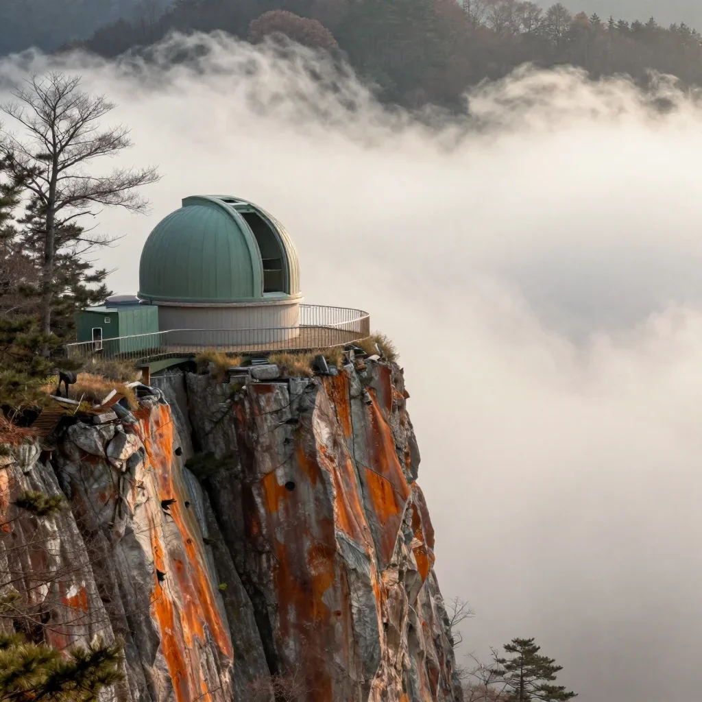 a cliffside observatory in early spring mist, Japanese woodblock-inspired editorial art, clean natural textures, rust an
