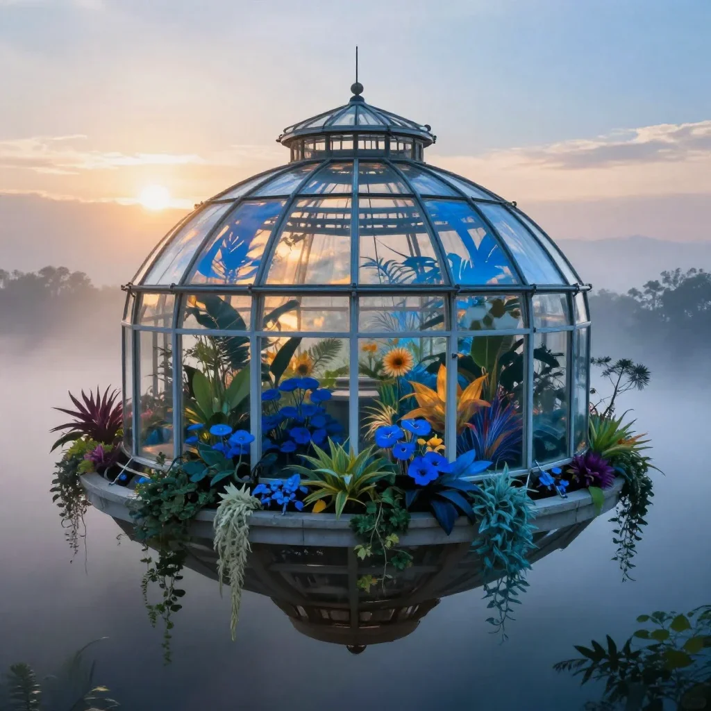 a floating botanical conservatory in quiet late-afternoon haze, high-end design magazine photography, soft volumetric li