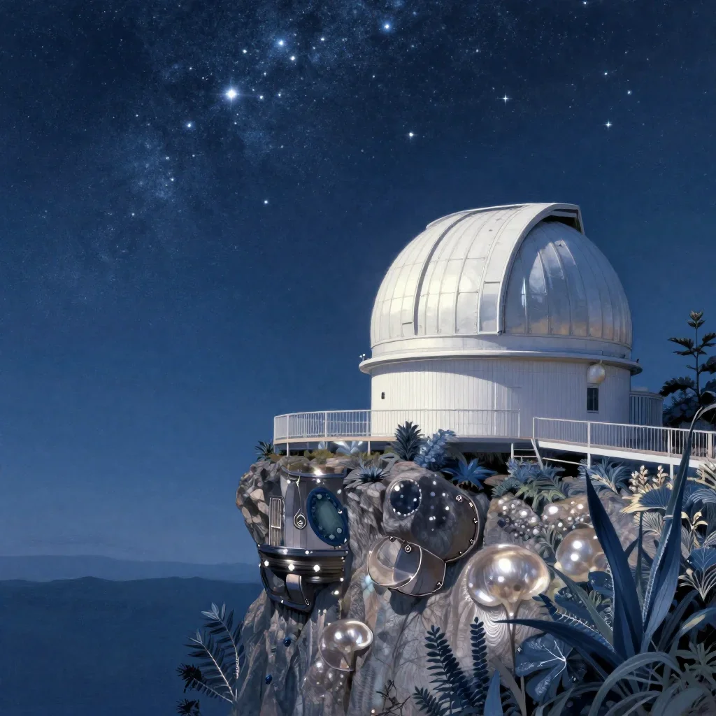 a cliffside observatory beneath a star-filled sky, contemporary botanical illustration, gentle reflected light, indigo a