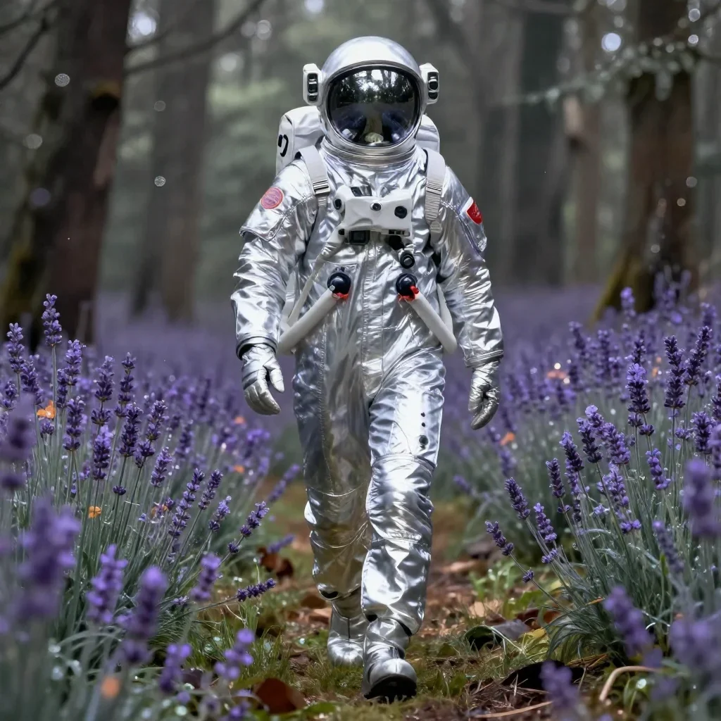 an astronaut in a reflective bodysuit among wildflowers in a confident cinematic stride, in a dewy forest clearing, high