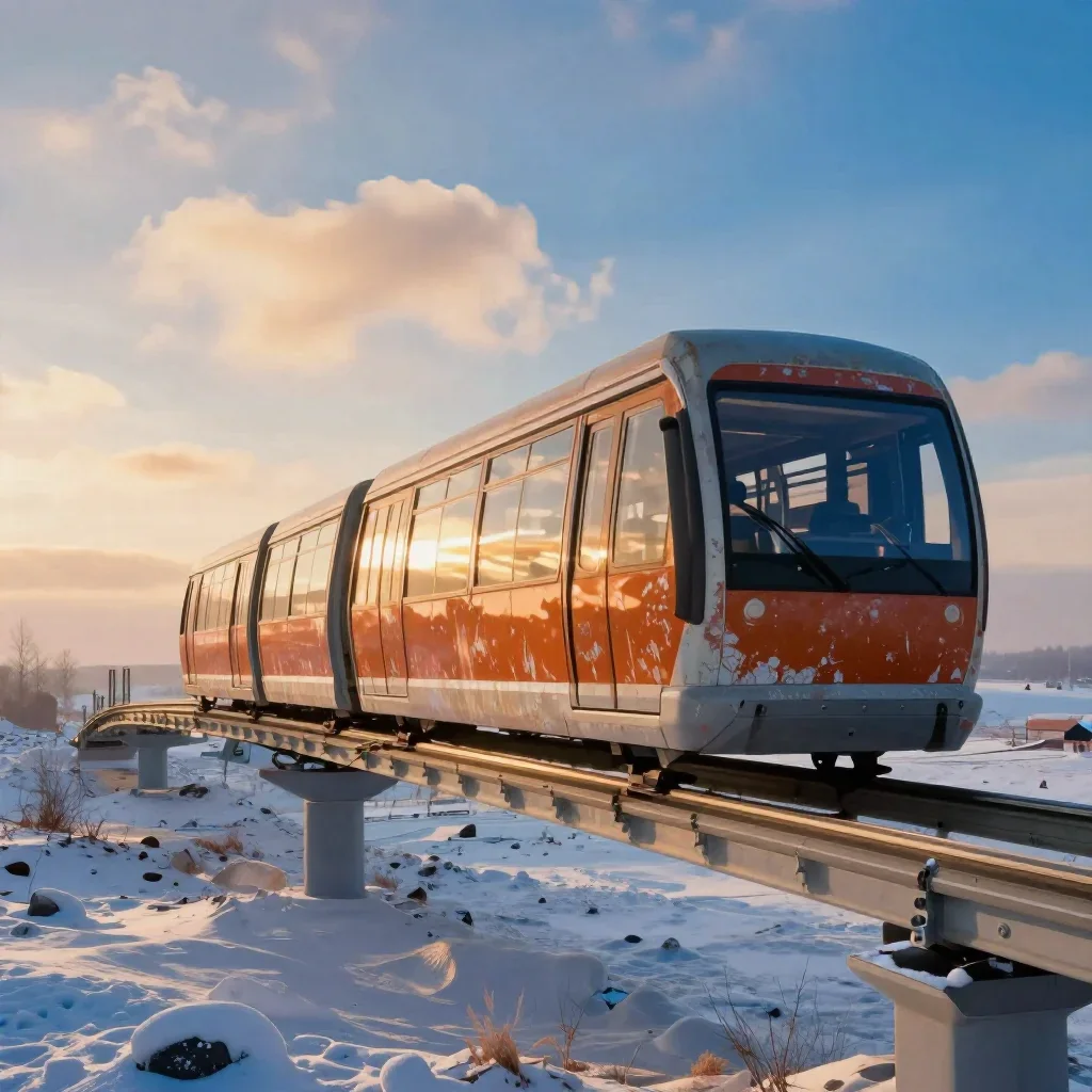 a glass monorail in crisp winter sunlight, refined editorial travel photography, weathered tactile surfaces, ochre and u