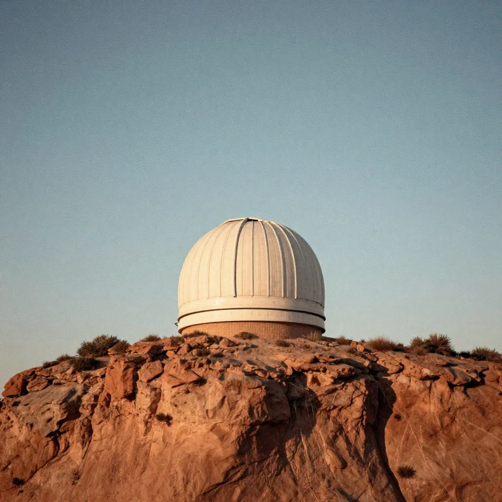 a cliffside observatory beneath a star-filled sky, refined editorial travel photography, subtle film grain, terracotta a