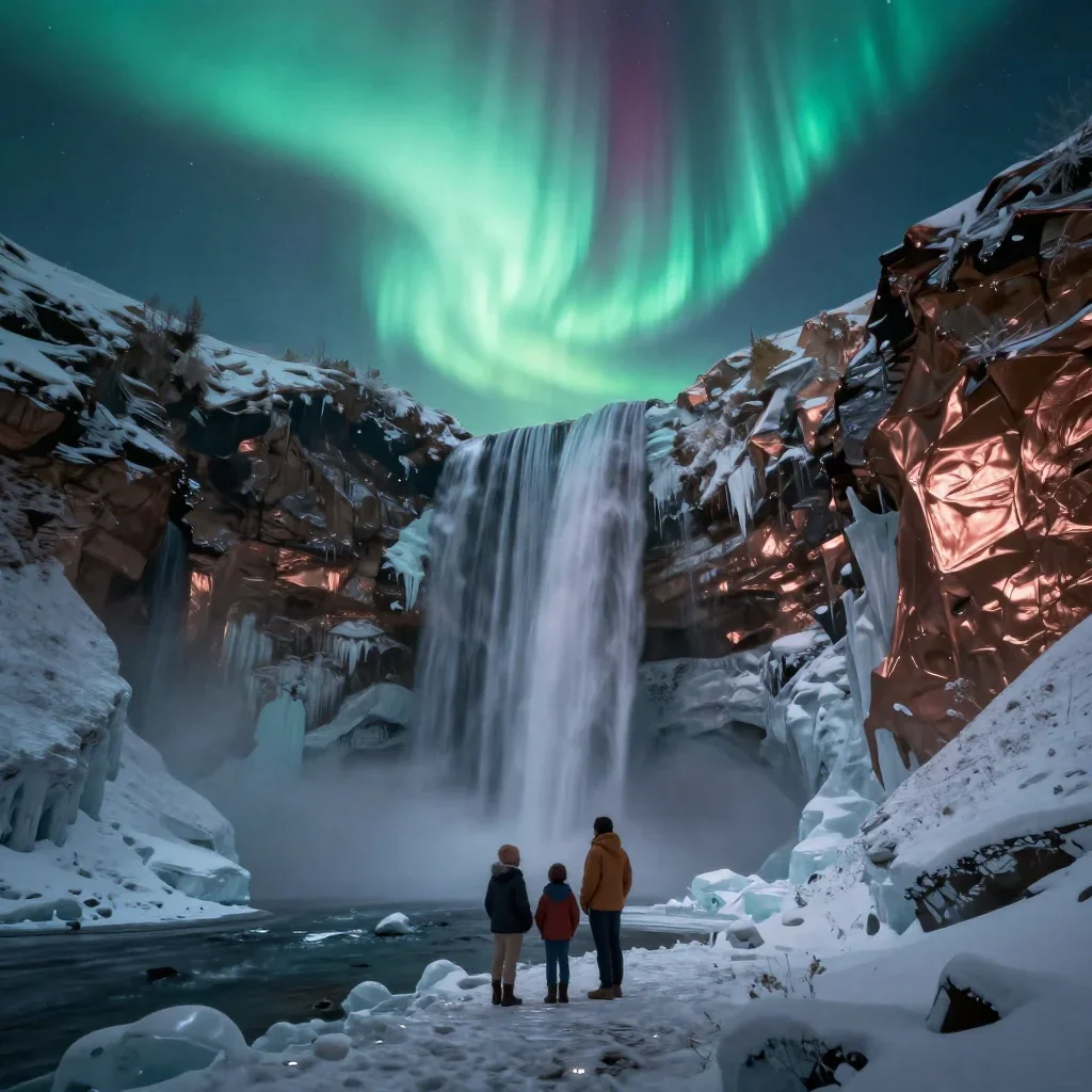 a frozen waterfall canyon beneath an aurora, quiet science-fiction concept art, shallow depth of field, seafoam and copp