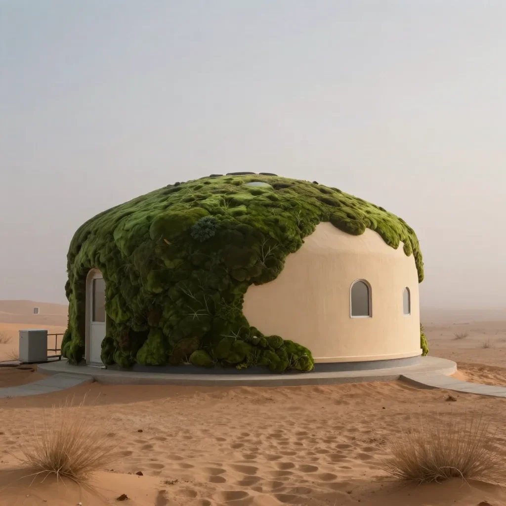 a desert research station under soft dawn fog, cinematic architectural photography, atmospheric depth, moss green and cr