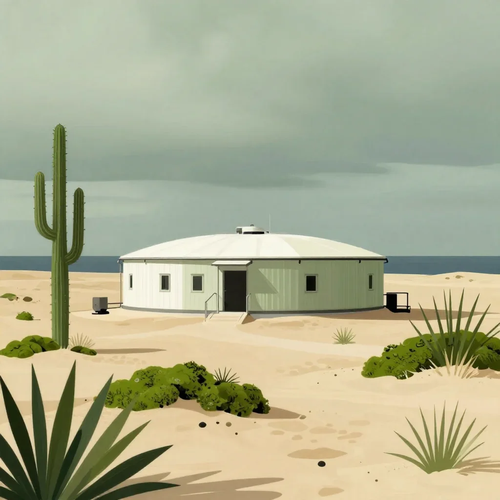 a desert research station under overcast coastal light, contemporary botanical illustration, restrained color harmony, m
