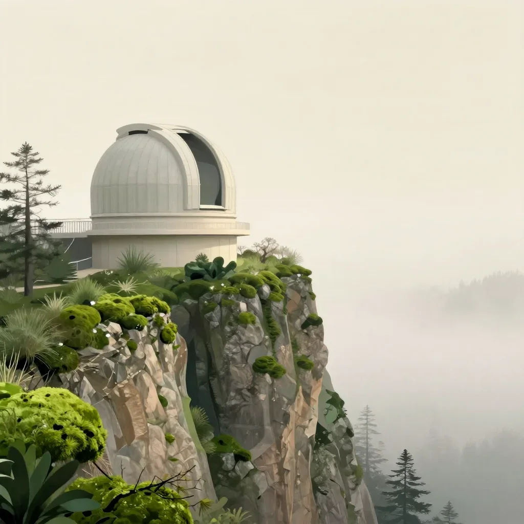 a cliffside observatory under soft dawn fog, contemporary botanical illustration, restrained color harmony, moss green a