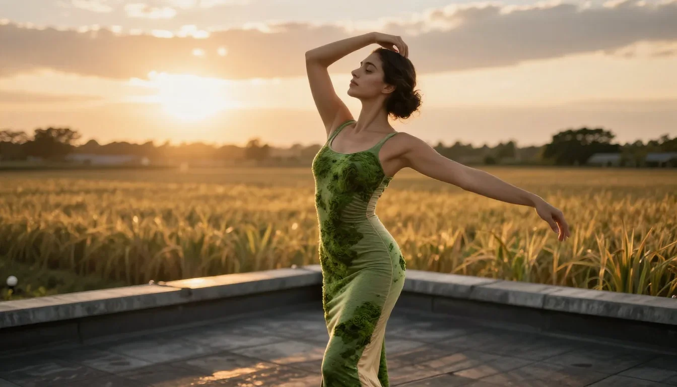 a muse on a rooftop at dusk in a body-con dress in a graceful contrapposto pose, in a backlit golden-hour field, dreamli