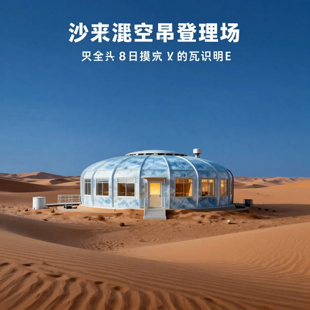 a desert research station at blue hour, modernist poster illustration, atmospheric depth, ice blue and warm cedar palett