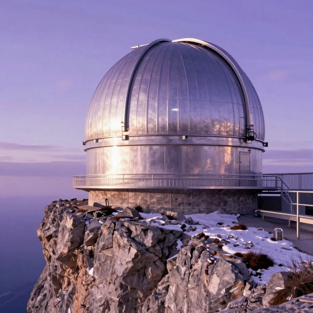 a cliffside observatory in crisp winter sunlight, cinematic architectural photography, crisp material detail, lavender a