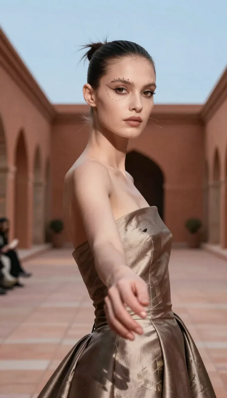 a couture catwalk muse with razor cheekbones in a gentle reach toward the lens, in a moonlit palace courtyard, Vogue-sty