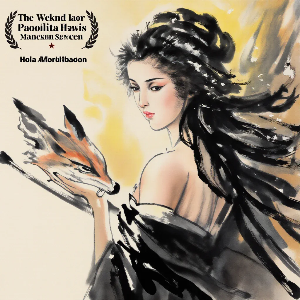 Ink-black ink wash of a fox spirit woman, loose calligraphy strokes, erotic folklore illustration