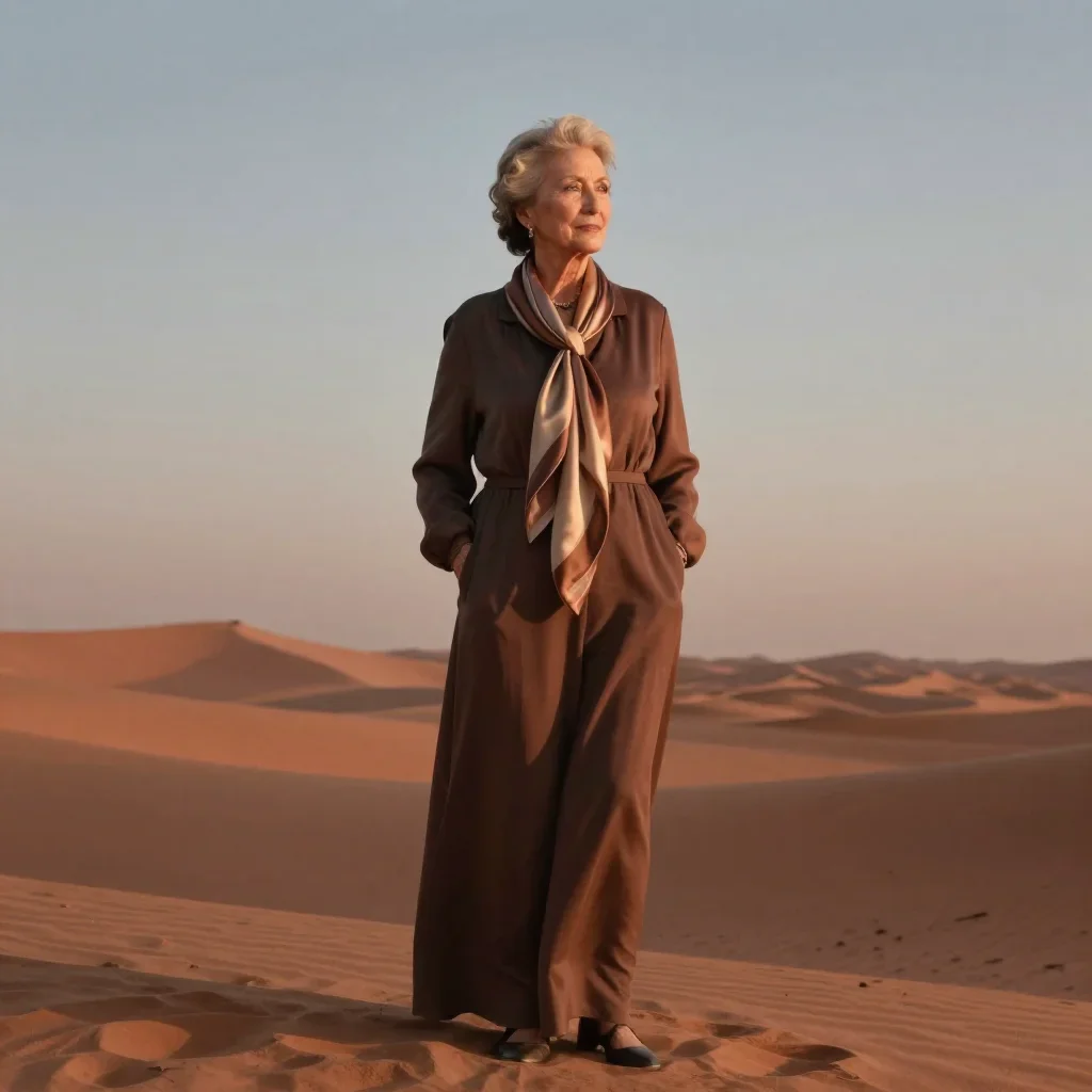 an elegant older stateswoman in a silk scarf standing tall with hands in pockets, in a silent desert at twilight, cinema