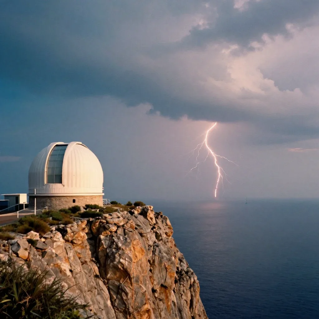 a cliffside observatory after a distant thunderstorm, soft-grain analog film photography, calm negative space, cobalt an