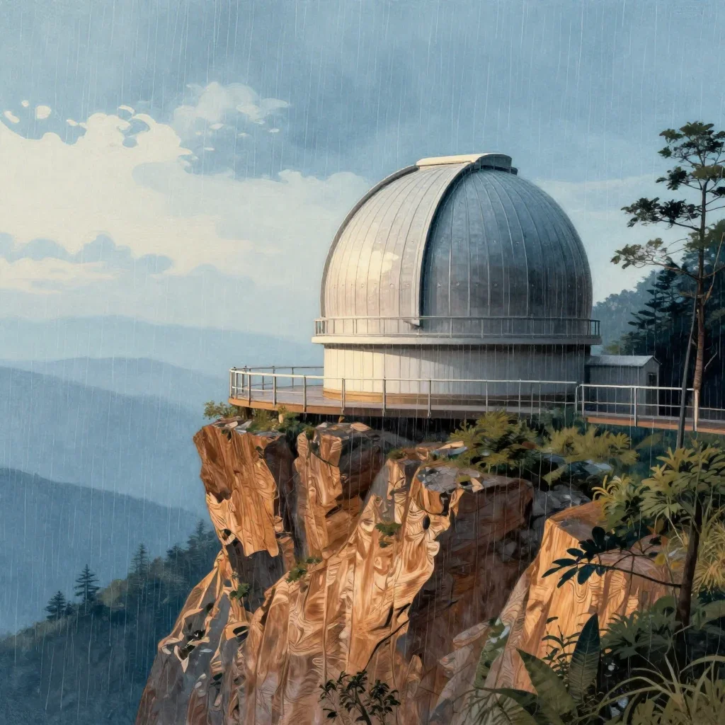 a cliffside observatory after warm summer rain, Japanese woodblock-inspired editorial art, soft volumetric light, ice bl