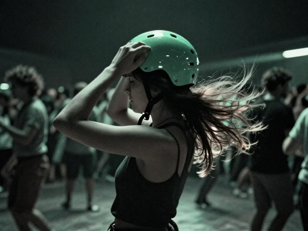 a rider removing a helmet, flushed and windblown in a dramatic three-quarter profile, on a midnight dance floor, soft-gr