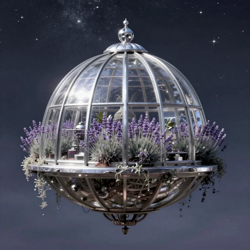 a floating botanical conservatory beneath a star-filled sky, quiet science-fiction concept art, clean natural textures, 