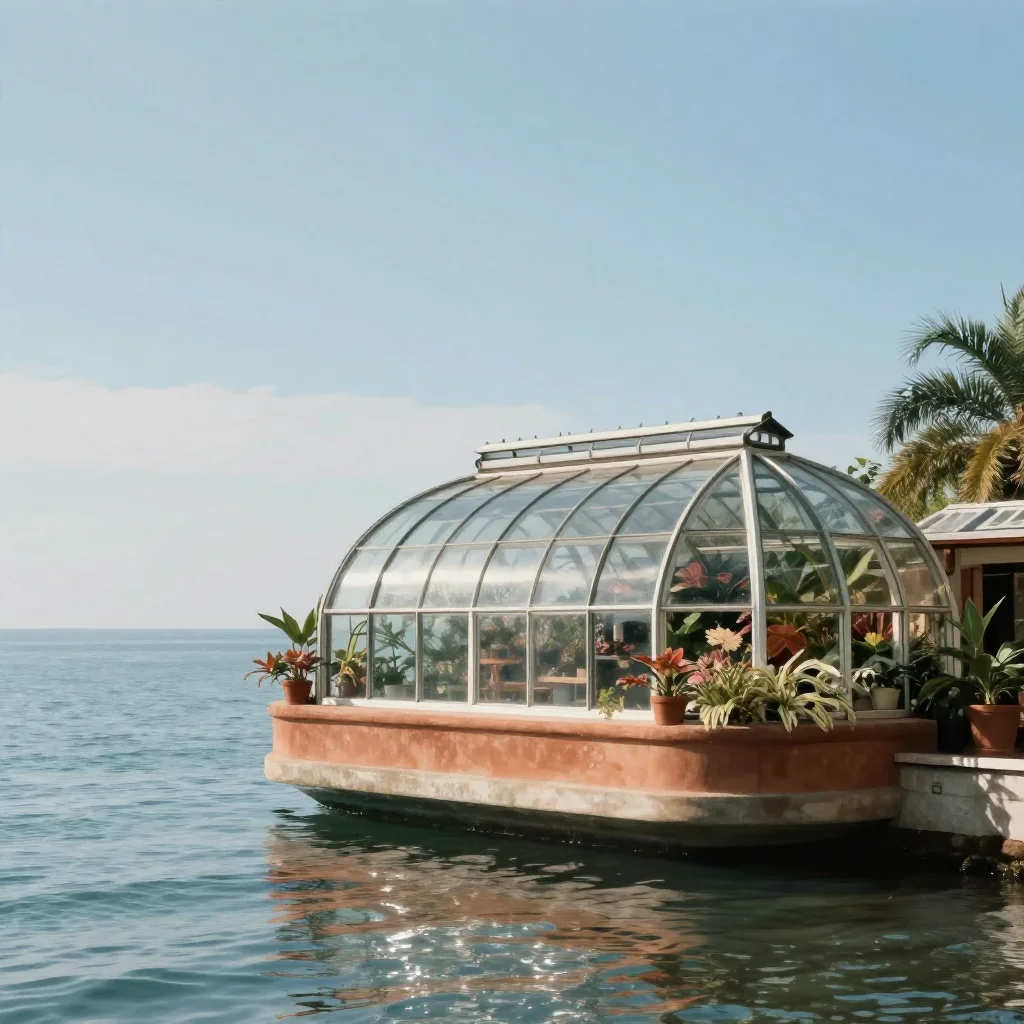 a floating botanical conservatory in a gentle sea breeze, refined editorial travel photography, calm negative space, ter