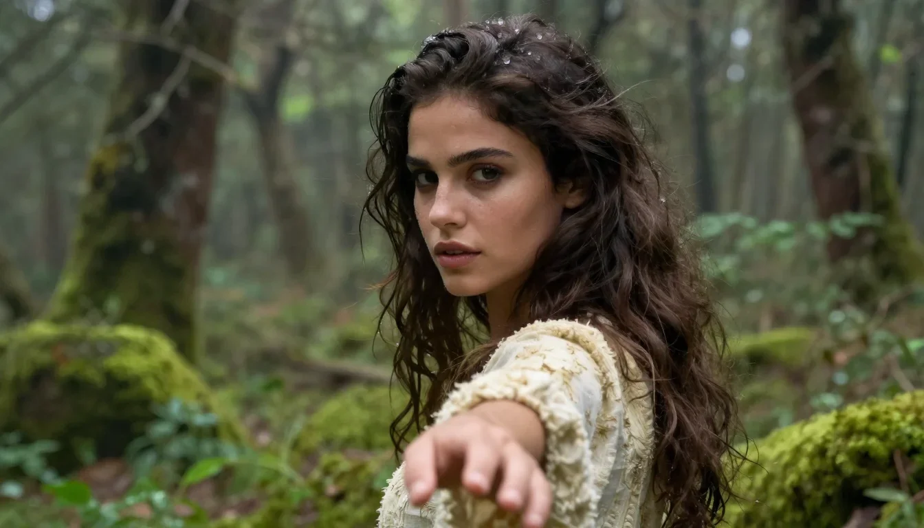 a striking woman with a smoldering over-the-shoulder gaze in a gentle reach toward the lens, in a dewy forest clearing,