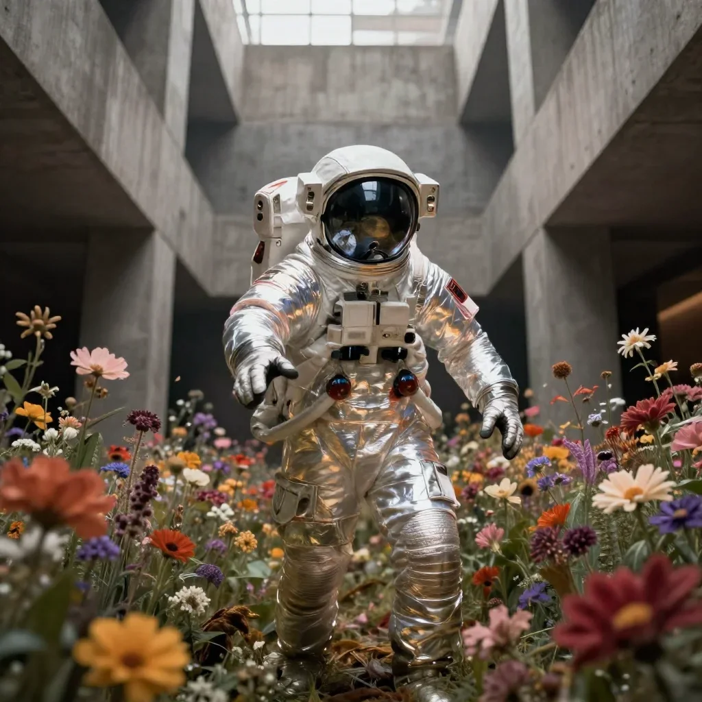 an astronaut in a reflective bodysuit among wildflowers in a gentle reach toward the lens, in a brutalist concrete atriu
