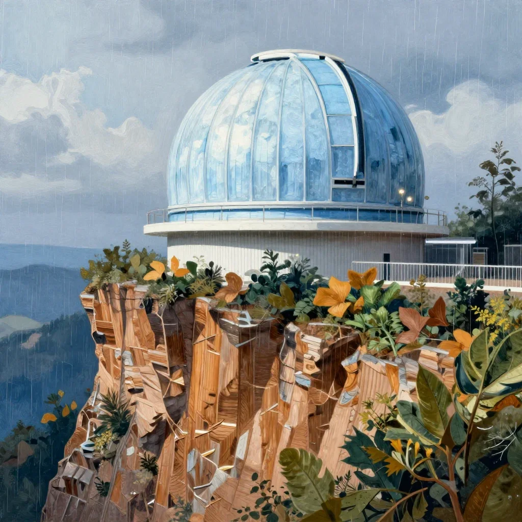 a cliffside observatory after warm summer rain, contemporary botanical illustration, crisp material detail, ice blue and